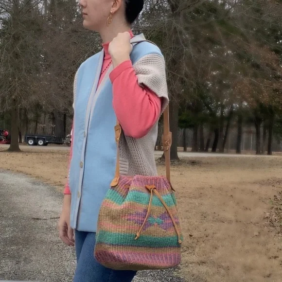 Vintage 70s Pastel Woven Kilim Bucket Bag